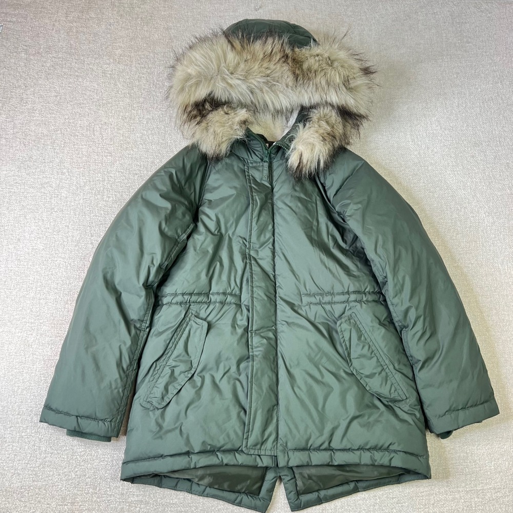NEW Crewcuts J.Crew Kids Large Olive Green Faux Fur Hooded Winter Parka Jacket
